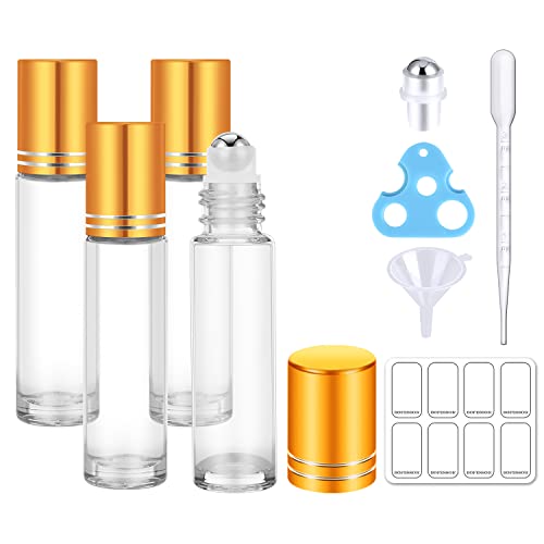 bofessor Essential Oil Roller Bottles, 10ml Clear Glass Roll on Bottles with Stainless Steel Roller Ball, Opener, Plastic Pipettes, Funnel, 8 Stickers, Refillable Container for Perfume 4 Pack (Clear)
