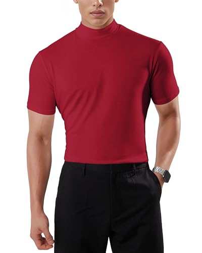 Ohoo Mens Short Sleeve Mock Turtleneck Basic Tops Lightweight Slim Fit Stretchy Pullover Sweater / DCT101-RED-M
