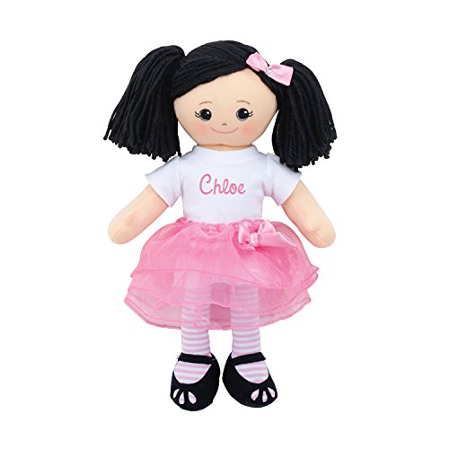 Personalized Planet Rag Doll with Custom Name Embroidered | Asian Girl Dressed in White Shirt, Stripped Stockings with Pink Tutu Skirt | Black Hair with Removable Bow Clip