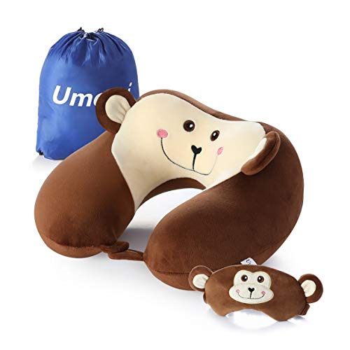 Memory Foam Animal Travel Pillow, Comfortable Neck Pillow with Cute Eye Mask Lightweight Traveling Pillow for Airplane, Car, Train, Bus and Home Use (Monkey)