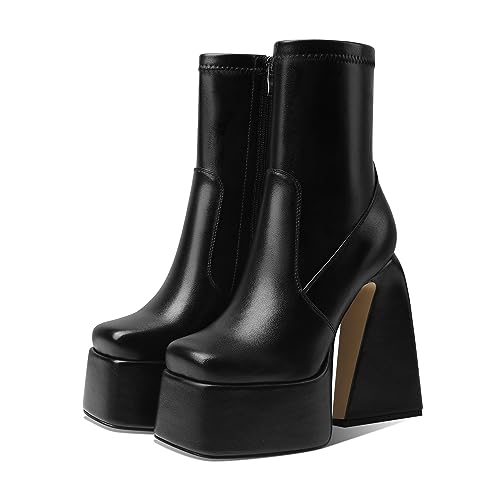 Mattiventon Black Platform Boots for Women Square Toe Chunky Boots Side Zip High Heel Ankle Booties