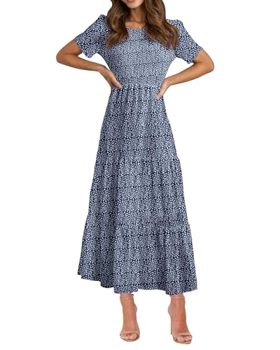 BTFBM Women Casual Short Sleeve Crew Neck Summer Dress Bohemian Floral Printed Flowy Maxi Dresses Tiered Cocktail Dress (Dark Blue, Medium)