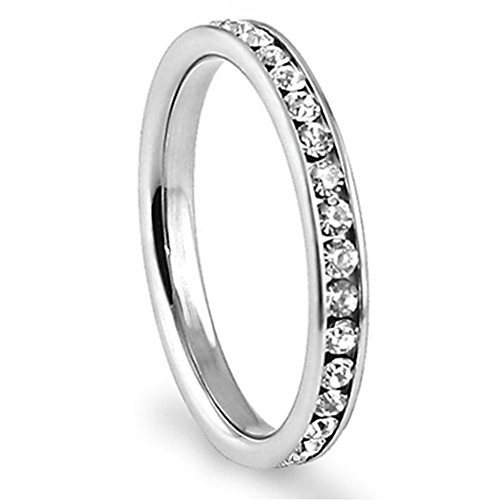 Metal Factory 316L Stainless Steel White Cubic Zirconia CZ Eternity Wedding 3MM Band Ring Sz 4