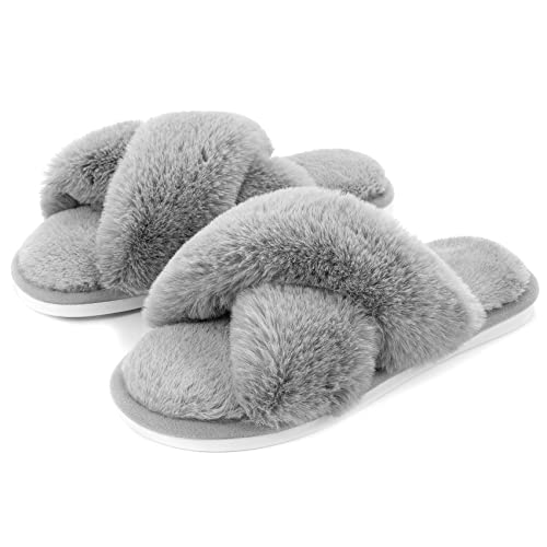 Metog Women's Fuzzy Slippers House Slippers Cross Band Slippers Indoor Outdoor Soft Open Toe Slippers(Size:7-8)