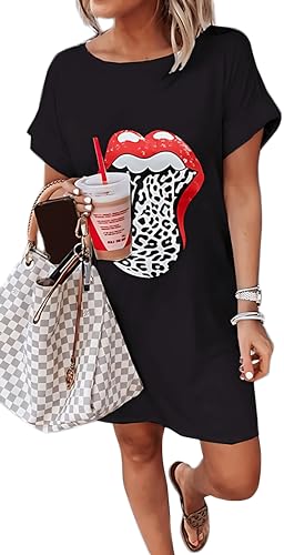 RANLUP Women Summer Red Lips Graphic Short Sleeve Loose Tshirt Dresses Leopard Tongue O-Neck Short Tunic Dresses