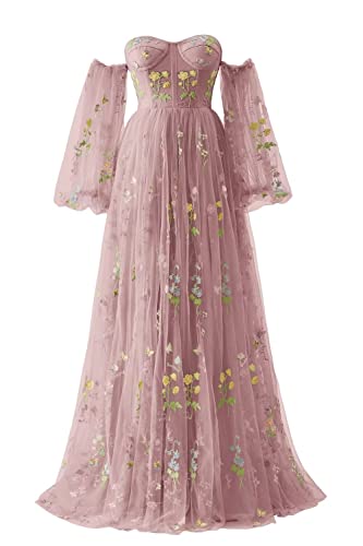 Maxianever Puffy Sleeves Prom Dresses Off Shoulder Flower Embroidery Tulle Women's Evening Gowns Dusty Rose Formal Floor Length US10