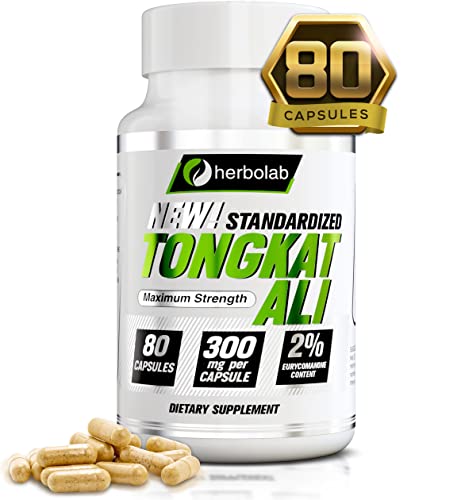 herbolab Tongkat Ali Root Extract Capsules 200:1, Standardized to 2% Eurycomanone, 1200mg Per Day, 30 Day Supply, 80 Capsules, (AKA Longjack, Eurycoma Longifolia, Malaysian Ginseng)