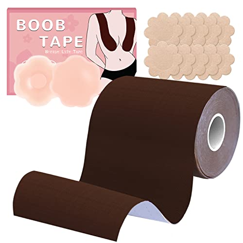 BEWTEIM Boob Tape for Large Breasts Roll 4 inch, Boobytape for Breast Lift Plus Size D-G Cup, Push Up Tape Breast Lifting w 1 Pair Silicon Nipple Covers 5 Pairs Satin Brestals Brown
