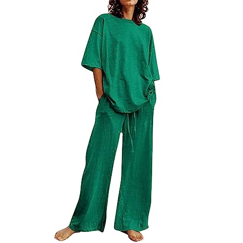 Lightning Deals of Today Prime Today'S Deals Women’S Linen Two Piece Outfits 2024 Plus Size Wide Leg Pants Sets Cotton Linen 2 Piece Outfits Trendy Women Ruffle 2 Piece Skirt Sets Y2K Green