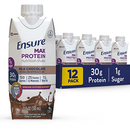 Ensure Max Protein Nutrition Shake with 30g of Protein, 1g of Sugar, High Protein Shake, Milk Chocolate, 11 Fl Oz (Pack of 12), Liquid, Halal