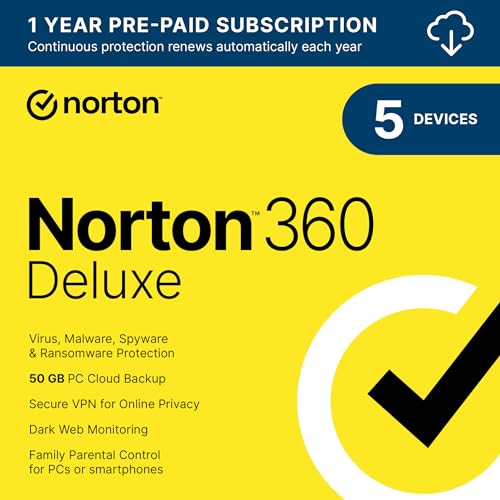 Norton 360 Deluxe 2024, Antivirus software for 5 Devices with Auto Renewal - Includes VPN, PC Cloud Backup & Dark Web Monitoring [Download]