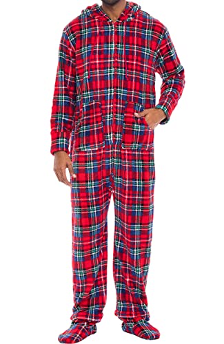 Alexander Del Rossa Men's Warm Fleece One Piece Footed Pajamas Set, Adult Onesie with Hood, Large Blue Red and Green Christmas Plaid (A0320Q19LG)