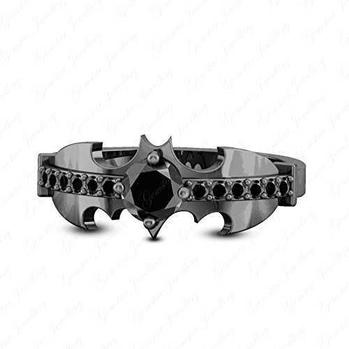 Gemstar Jewellery 18k Black Gold Finish Round Black Simulated Diamond Silver Batman Wedding Ring