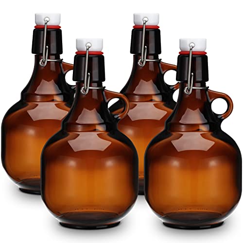 Dandat 4 Pcs 34 oz Growlers for Beer Amber Glass Bottles Beer Bottles Glass Jar with Lid Glass Jugs Soda Cider Alcohol Wine Home Brewing Fermenting