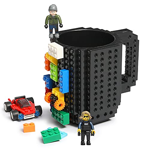 Lumsburry Build-on Brick Coffee Mug, Funny DIY Novelty Cup with Building Blocks Creative for Kids Men Women Xmas Birthday (Cool Black)