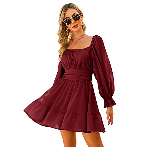EXLURA Women Tie Back Wedding Guest Dresses Long Lantern Sleeve Square Neck Ruffle Elastic Waist Aline Casual Mini Dress Wine Red