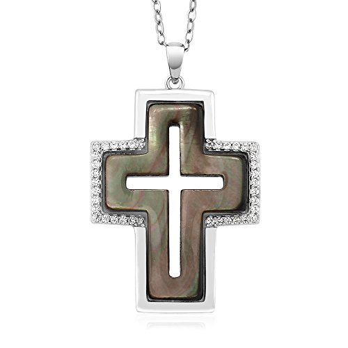 Gem Stone King 925 Sterling Silver Black Simulated Mother of Pearl MOP Cross Shape Pendant Necklace with 18 Inch Silver Chain