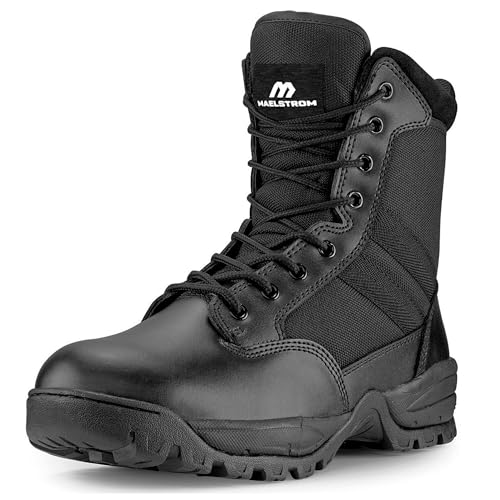 Maelstrom Tactical Combat Boots - Mens Lightweight Full Grain Leather Side Zipper Military Boots - 8' Heavy-Duty Leather Boots with Reinforced Toes