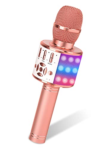 Amazmic Karaoke Microphone for Adults, Wireless Bluetooth Microphone for Singing Portable Karaoke Machine Handheld with LED Lights, Gift for Kids Adults Birthday Party, Home KTV(Rose Gold)