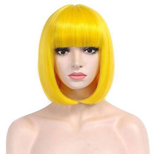 COSYMAY Short Yellow Wig 12'' Bright Yellow Wig with Bangs Yellow Bob Wig Synthetic Halloween Party Cosplay Wigs Average Size