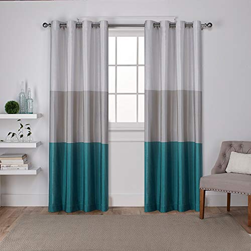 Exclusive Home Chateau Striped Faux Silk Grommet Top Curtain Panel Pair, 54'x84', Teal