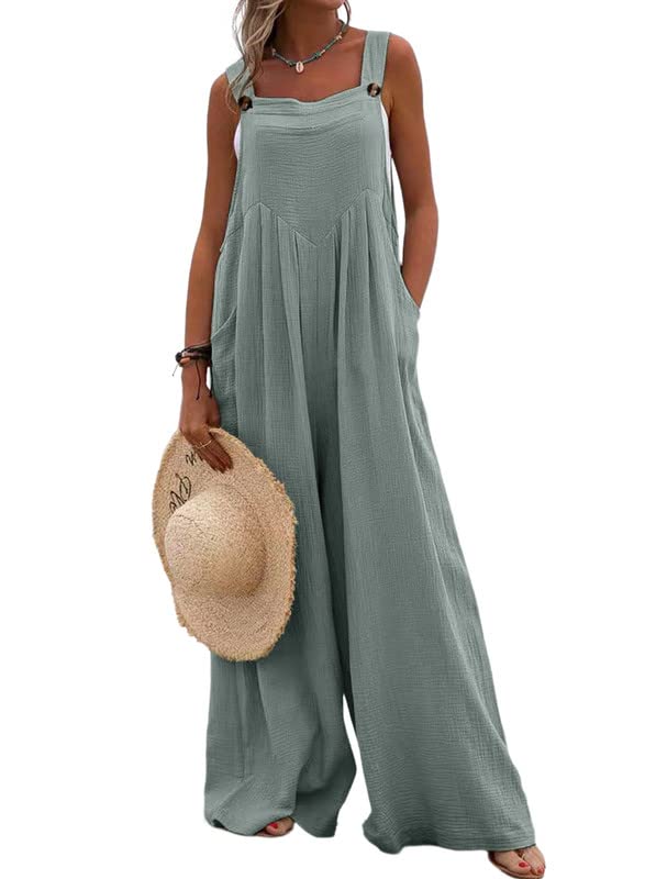 Dokotoo Womens Casual Loose Overalls One Piece Sleeveless Jumpsuits for Women Adjustable Straps Stretchy Wide Leg Long Pant Rompers Jumpsuit with Pockets Small Green