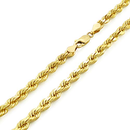 Nuragold 14k Yellow Gold 5mm Solid Rope Chain Diamond Cut Link Pendant Necklace, Mens Jewelry Lobster Clasp 18' 20' 22' 24' 26' 28' 30'