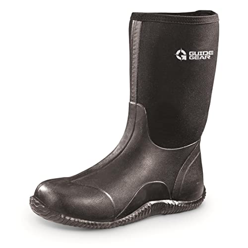 Guide Gear Men's Mid-High Bogger Waterproof Rubber Hunting Work Rain Boots 12”, 5mm Neoprene Top, Black, 12D (Medium)