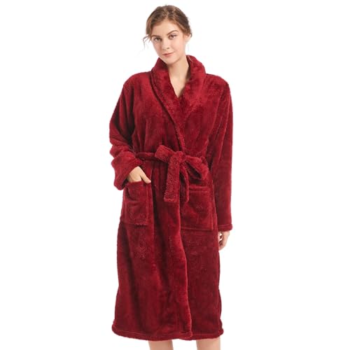 Inner Wish Womens Plush Fleece Robe, Cozy Warm Bathrobe Fuzzy Female Spa Robe With Pockets, BURGUNDY,L/XL