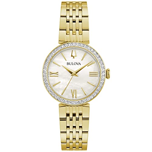 Bulova Ladies' Classic Gold Tone Stainless Steel 3-Hand Quartz Watch, Crystal Accents and White Mother-of-Pearl Style: 98L276