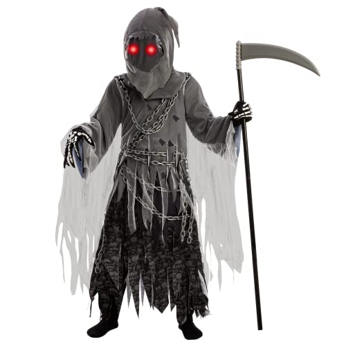 Spooktacular Creations Child Unisex Grim Reaper Costume, Halloween Costume with Glowing Red Eyes for Kids Trick-or-Treating-M(8-10yr)