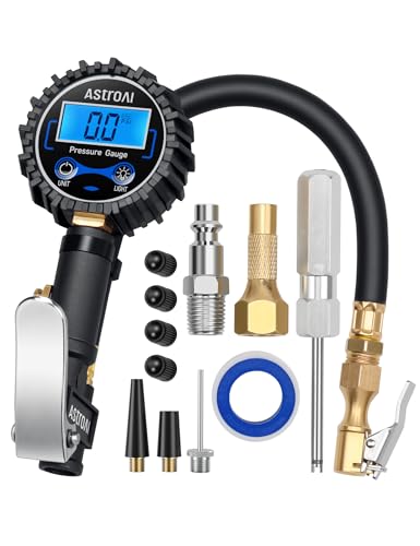 AstroAI Digital Tire Pressure Gauge with Inflator(3-250 PSI 0.1 for Display Resolution), Heavy Duty Air Chuck and Compressor Accessories with Rubber Hose and Quick Connect Coupler, Blue