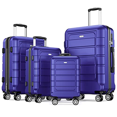 SHOWKOO Luggage Sets Expandable PC+ABS Durable Suitcase Sets Double Wheels TSA Lock 4 Piece Luggage Set Royal Blue