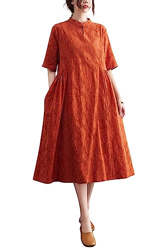 DOVWOER Women's Summer Boho Linen Dress Beach Button Midi Dresses with Pockets
