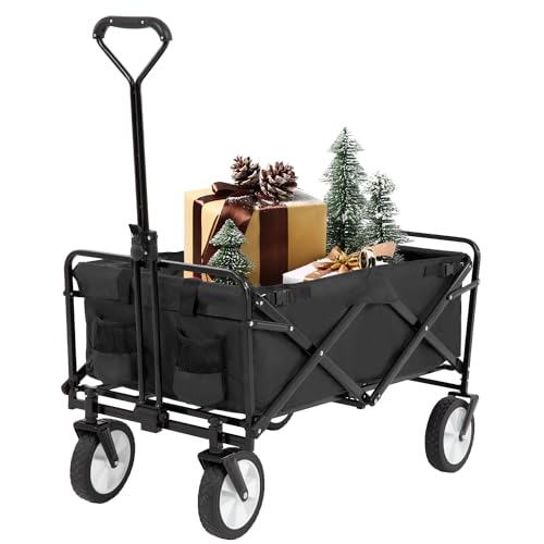 Collapsible Wagon Folding Wagon Garden Cart with Large Capacity, Portable Utility Wagon Cart Heavy Duty for Beach Camping Shopping Garden,Black