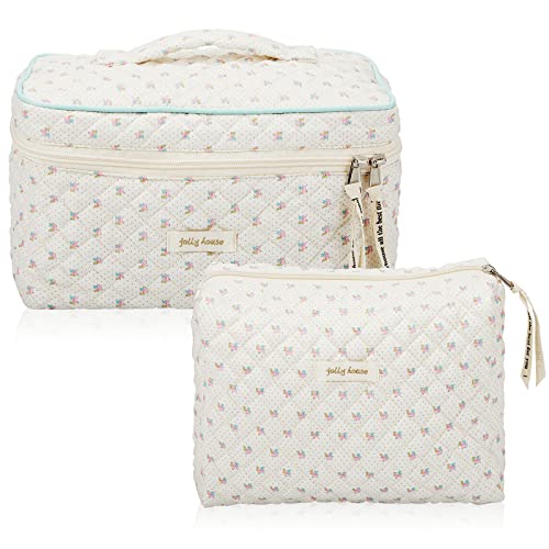 Zeyune 2 Pcs Cotton Quilted Makeup Bag Large Travel Coquette Makeup Bag Aesthetic Cute Cherry Floral Bear Makeup Bag for Women Girls (Floral Style)