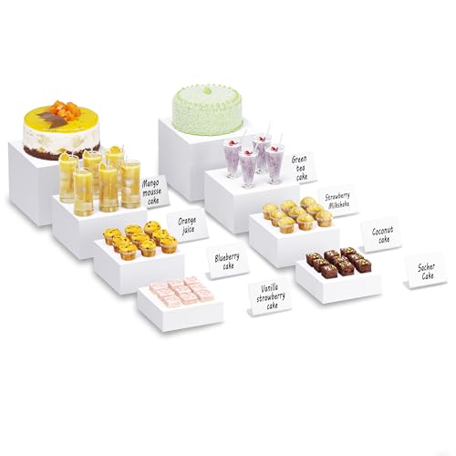 Neatsure 8PSC Buffet Risers, Food Risers for Buffet Table, Display Stand for Catering Dessert, White Acrylic Cube Boxes Nesting Risers with Hollow Bottoms - 2 Set (6', 6.5', 7', 8'')