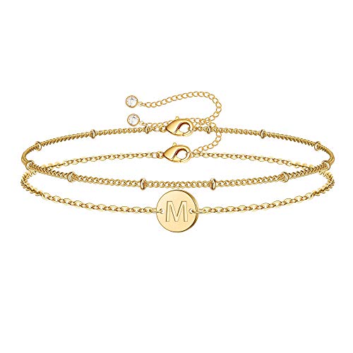 MONOZO Teen Girl Gifts Trendy Stuff, 14K Gold Filled Disc Letter M Initial Bracelet Teen Girl Gifts Trendy Stuff Cute Gold Initial Bracelets for Women Teen Girls Gifts for Teenage Girls