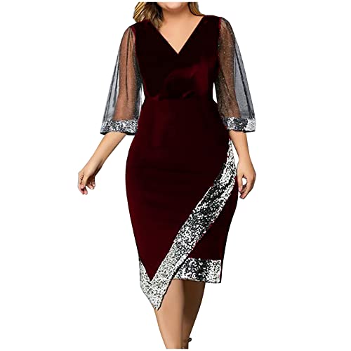 QIGUANDZ Women Sequin Mesh See Through 3/4 Sleeve Pencil Evening Dress Plus Size Wrap Glitter Velvet Patchwork Cocktail Gowns Wine