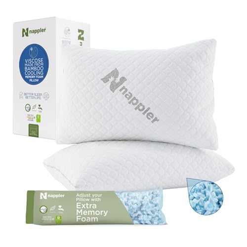 Nappler Cooling Pillow for hot Sleepers - Viscose Made from Bamboo Pillows Queen Size Premium Set of 2 - Adjustable Shredded Memory Foam - Medium to Firm Pillows for Back, Stomach & Side Sleepers