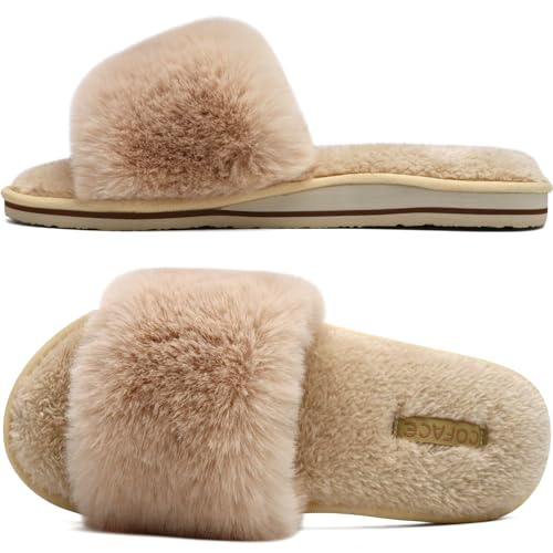 COFACE Women's Fluff Slippers Cute Fuzzy Slippers Memory Foam Ladies Slides Open Toe Winter Warm Bedroom House Slippers Size 8,Beige