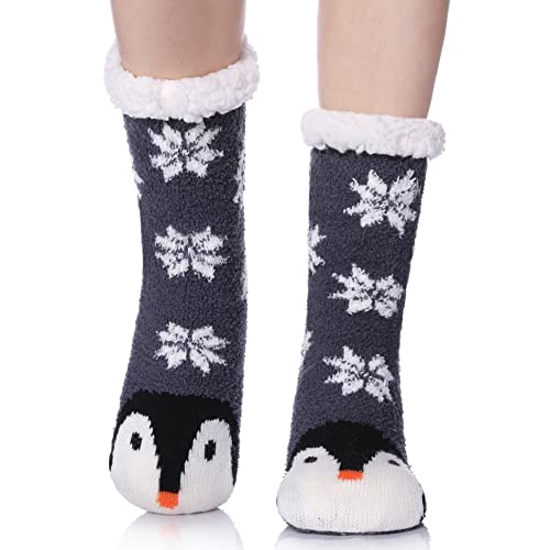 MQELONG Womens Super Soft Cute Cartoon Animal fuzzy Cozy Non-Slip Winter Slipper Socks (Penguin A) One Size