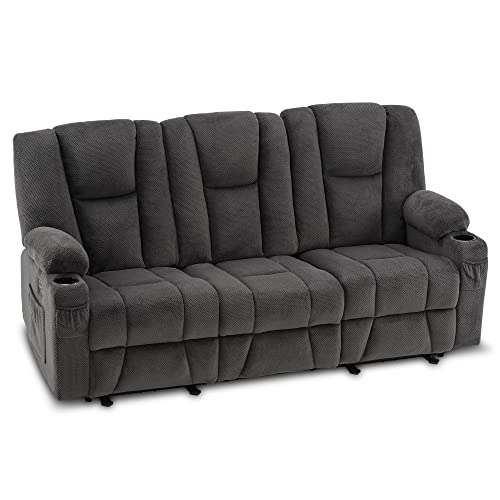 MCombo Power Reclining Sofa with Heat and Massage,USB Ports, Cup Holders,3-Seat Dual Recliner Sofa for Living Room 6015 (Without Console, Gray)