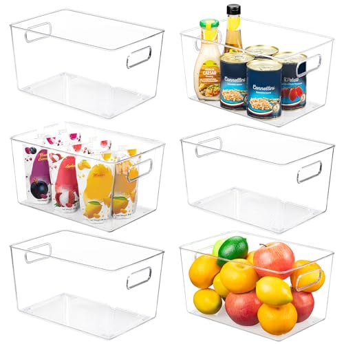 YIHONG 6 Pack Clear Pantry Organizer Bins, Plastic Containers with Handle for Kitchen,Freezer,Cabinet,Closet,Bathroom Under Sink Storage