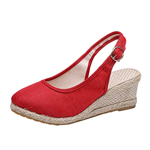 Womens Espadrilles Wedges Sandals Comfortable Adjustable Ankle Strap Platform Sandals Comfy Walking Soft Bottom 03-Red, 9