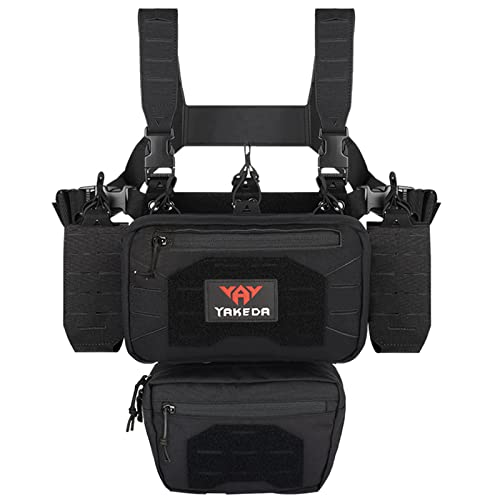 YAKEDA Tactical Chest Mini Rig 1000D Laser-Cut Multifunctional Adjustable Tactical Outdoor Vest with Mag Pouches (Black)