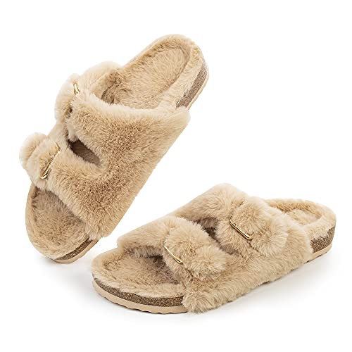 FITORY Womens Open Toe Slipper with Cozy Lining,Faux Rabbit Fur Cork Slide Sandals Size 8