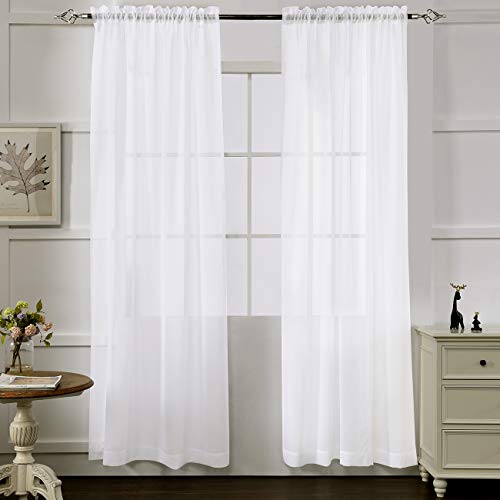 MYSTIC-HOME White Sheer Curtains 84 Inches Long, Rod Pocket Sheer Drapes for Living Room, Bedroom, 2 Panels, 52'x84', Semi Crinkle Voile Window Treatments for Yard, Patio, Villa, Parlor