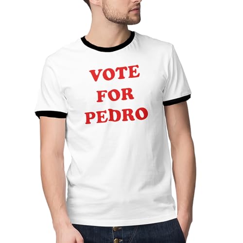 DIRTYRAGZ Men's Vote for Pedro T-Shirt, Napoleon Dynamite Costume Merchandise for Halloween, Graphic Ringer Tee Men Shirt, M White