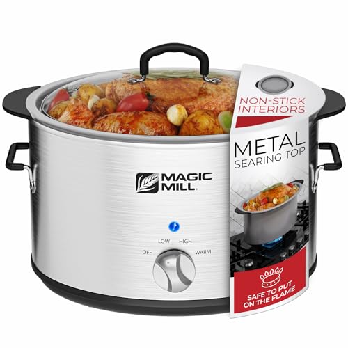 Magic Mill Extra Large 10 Quart Slow Cooker With Metal Searing Pot & Transparent Tempered Glass Lid Multipurpose Lightweight Cookers, Pot is Safe to Put the On the Flame, Dishwasher Safe